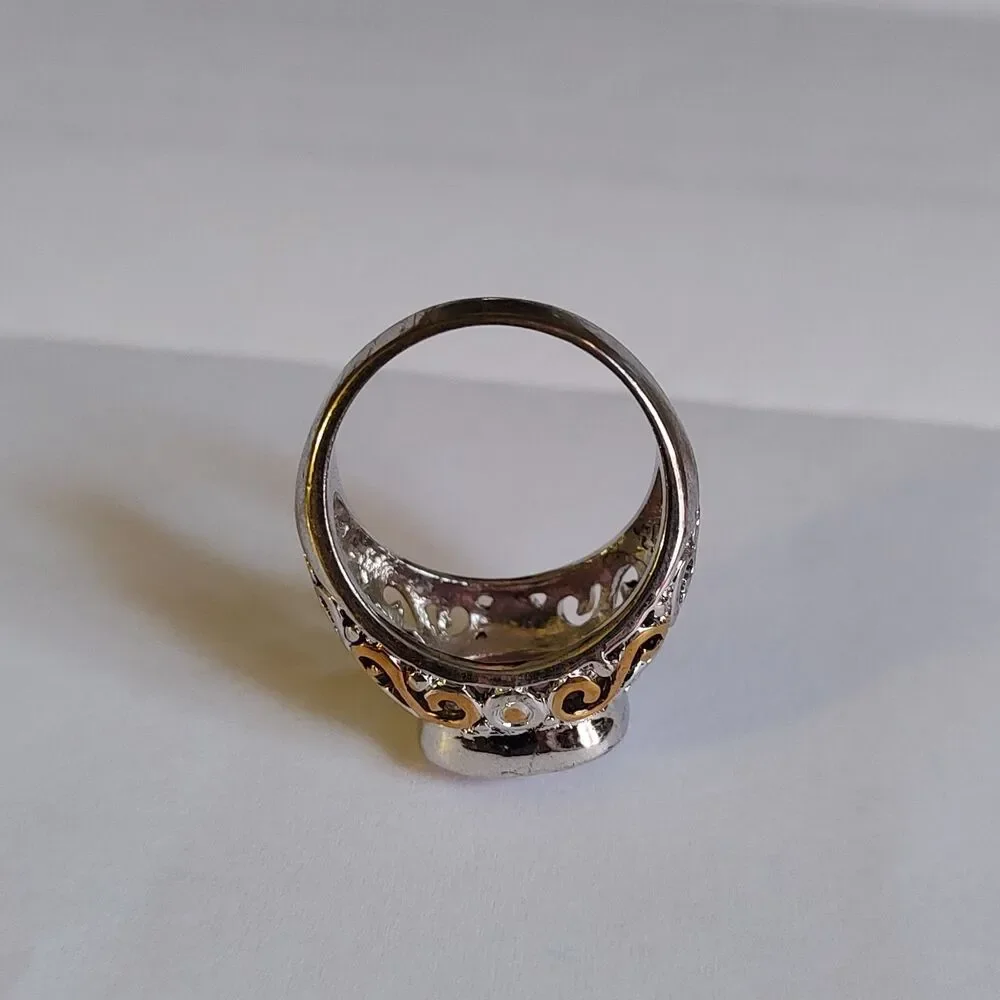VTG Style Signed 18KGE Ornate Filigree Faceted Pink Glass Stone Ring Size 8.5